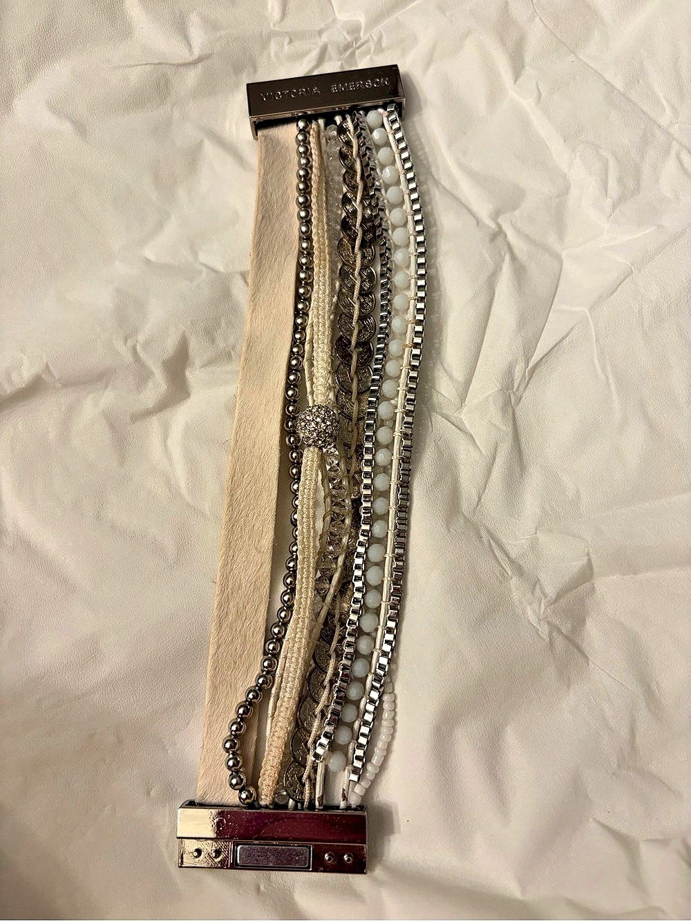 Victoria Emerson Attica Boho Cuff Layered Bracelet in Silver & White Like New